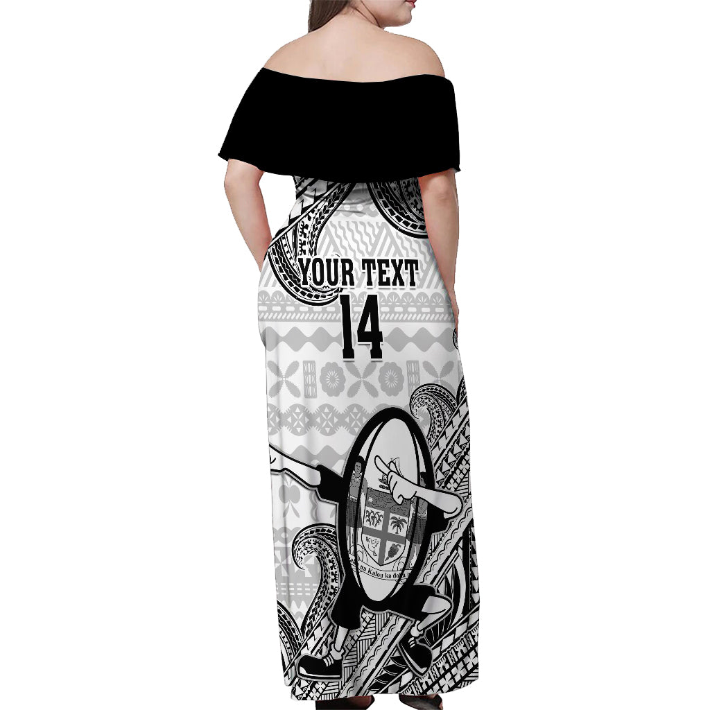 Custom Fiji Tapa Rugby Off Shoulder Maxi Dress Flying Fijian 2023 World Cup With Dabbing Ball LT14 - Polynesian Pride