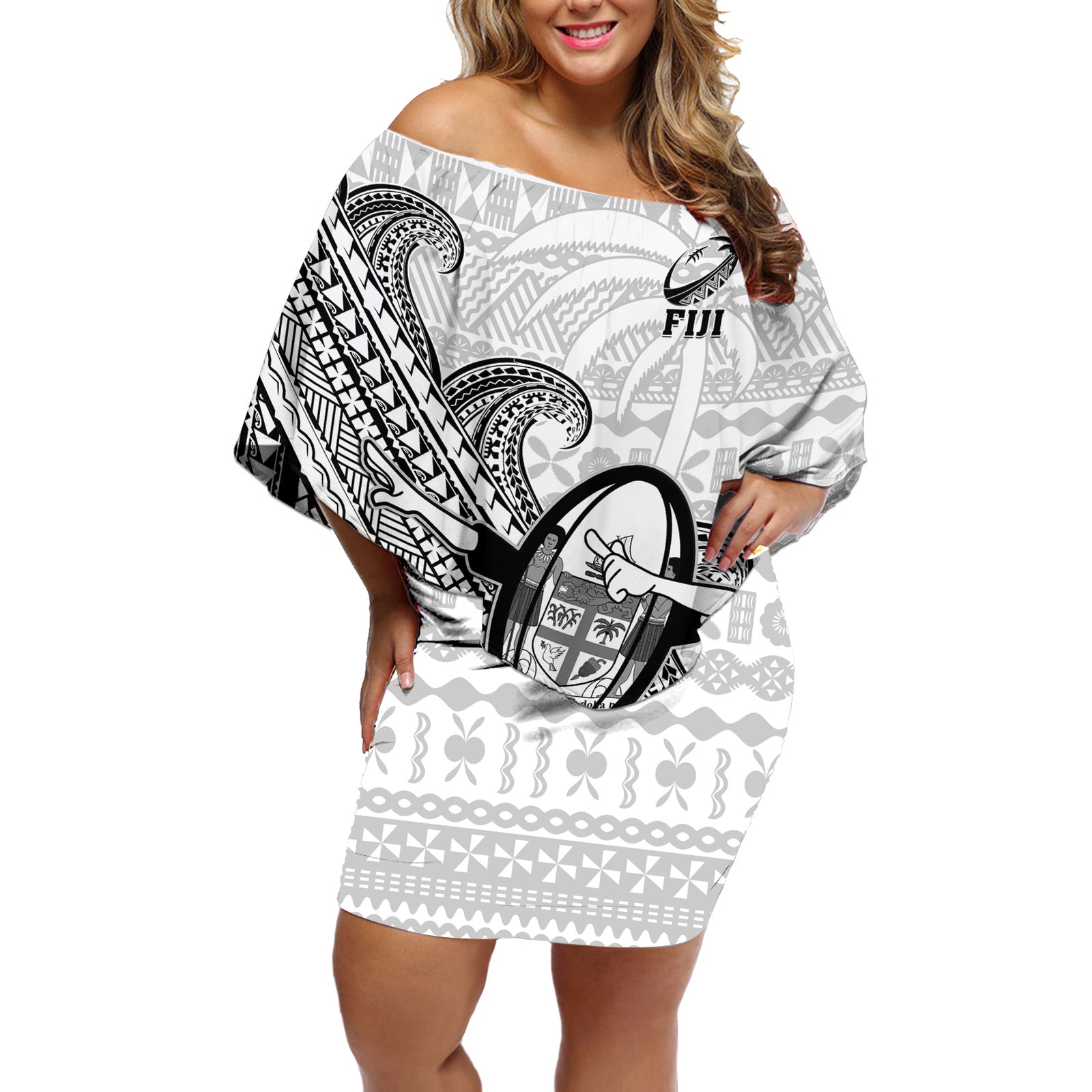 Custom Fiji Tapa Rugby Off Shoulder Short Dress Flying Fijian 2023 World Cup With Dabbing Ball LT14 Women White - Polynesian Pride