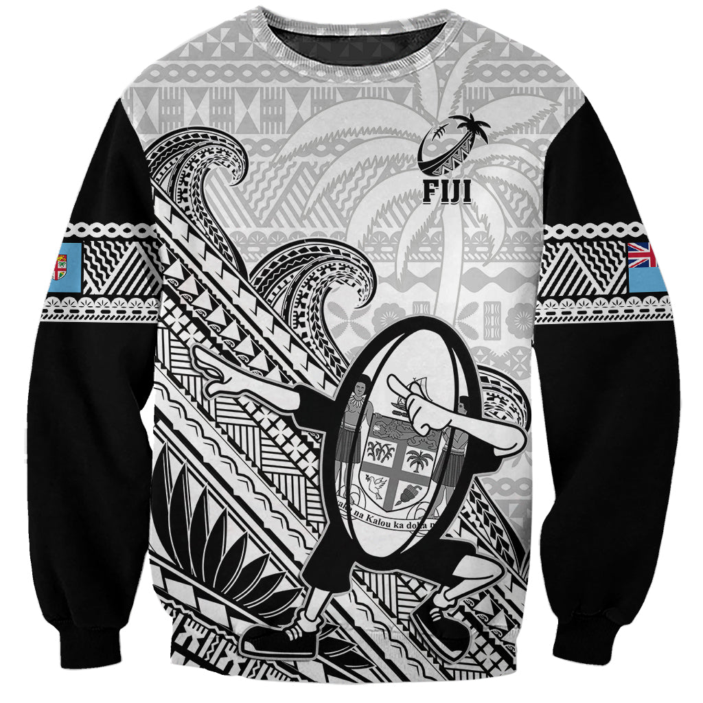 Custom Fiji Tapa Rugby Sweatshirt Flying Fijian 2023 World Cup With Dabbing Ball LT14 Unisex White - Polynesian Pride
