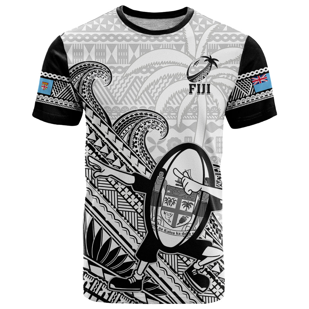 Custom Fiji Tapa Rugby T Shirt Flying Fijian 2023 World Cup With Dabbing Ball LT14 White - Polynesian Pride
