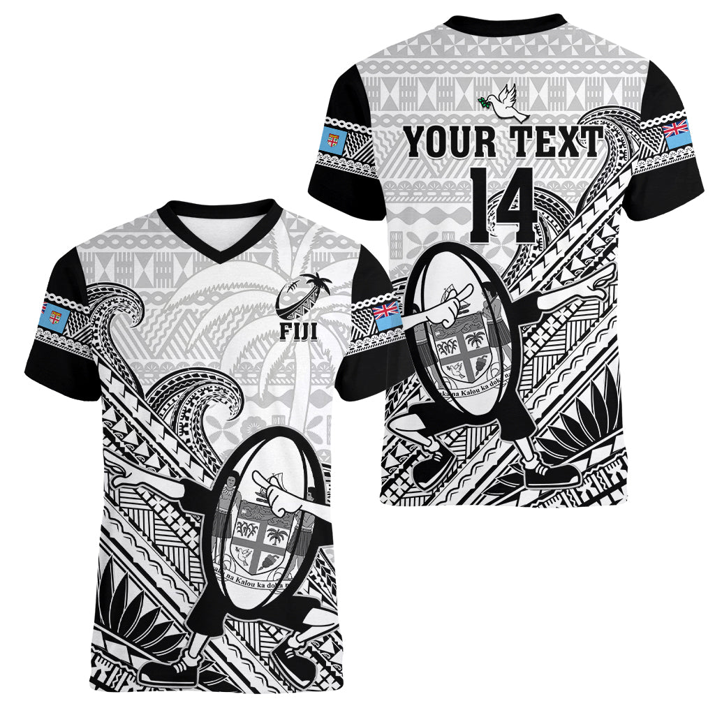 Custom Fiji Tapa Rugby Women V Neck T Shirt Flying Fijian 2023 World Cup With Dabbing Ball LT14 - Polynesian Pride