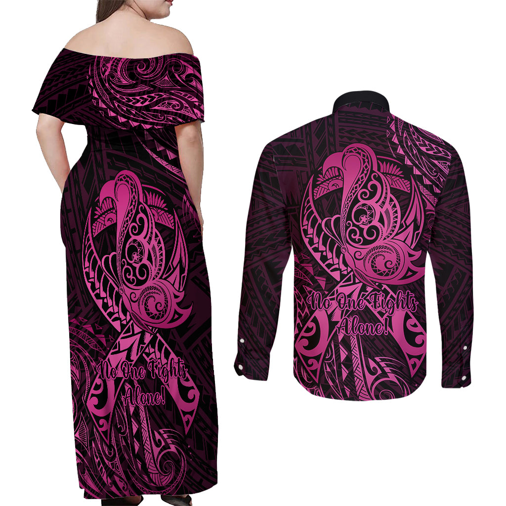 Polynesia Breast Cancer Awareness Couples Matching Off Shoulder Maxi Dress and Long Sleeve Button Shirts No One Fights Alone Pink Ribbon With Butterfly LT14 - Polynesian Pride