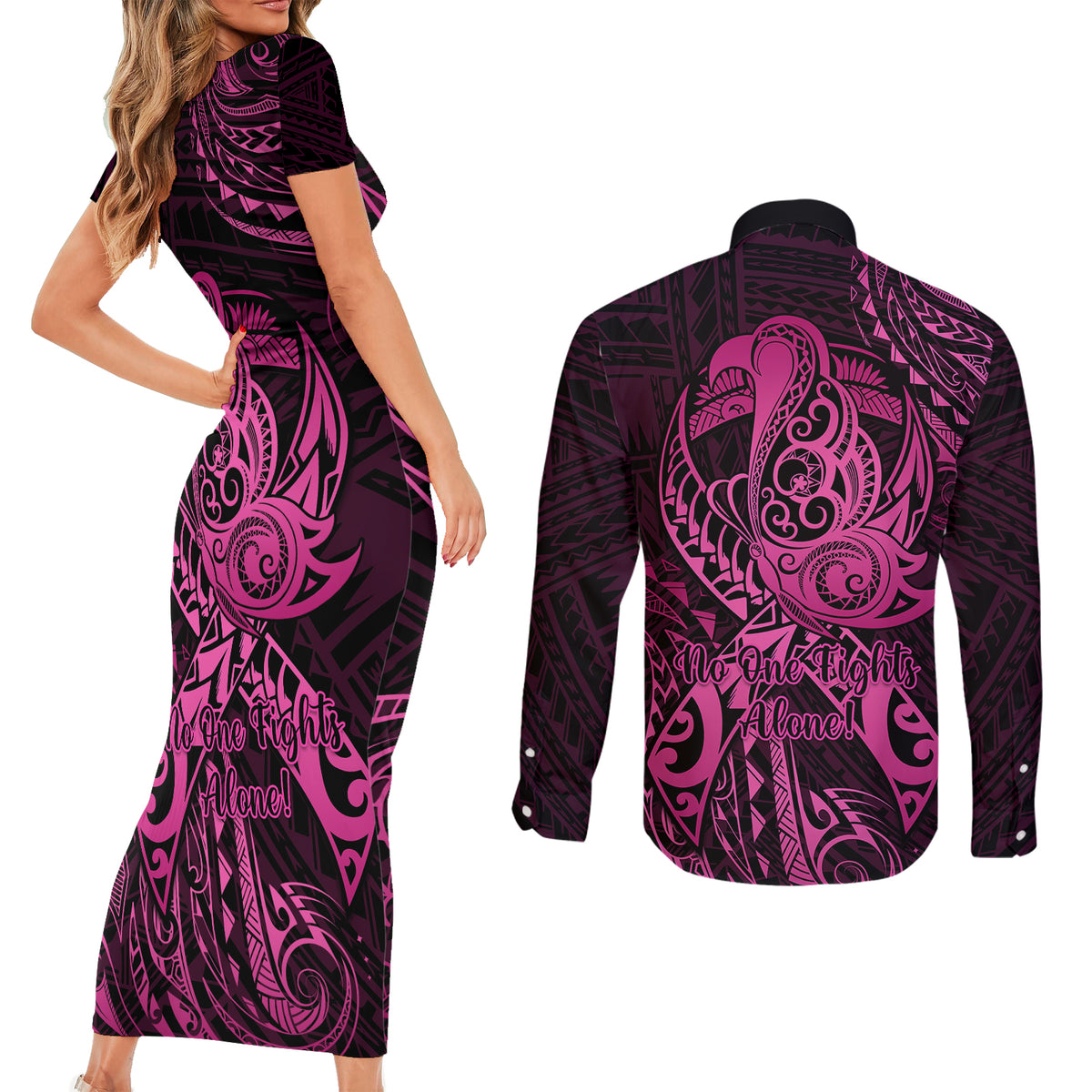 Polynesia Breast Cancer Awareness Couples Matching Short Sleeve Bodycon Dress and Long Sleeve Button Shirts No One Fights Alone Pink Ribbon With Butterfly LT14 - Polynesian Pride