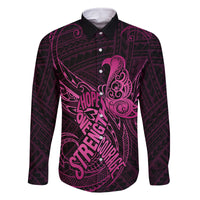 Polynesia Breast Cancer Awareness Family Matching Off Shoulder Short Dress and Hawaiian Shirt No One Fights Alone Pink Ribbon With Butterfly LT14 Dad's Shirt - Long Sleeve Pink - Polynesian Pride