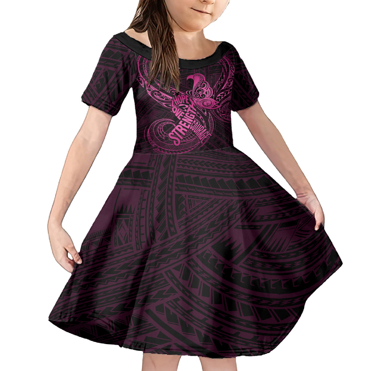 Polynesia Breast Cancer Awareness Kid Short Sleeve Dress No One Fights Alone Pink Ribbon With Butterfly LT14 KID Pink - Polynesian Pride
