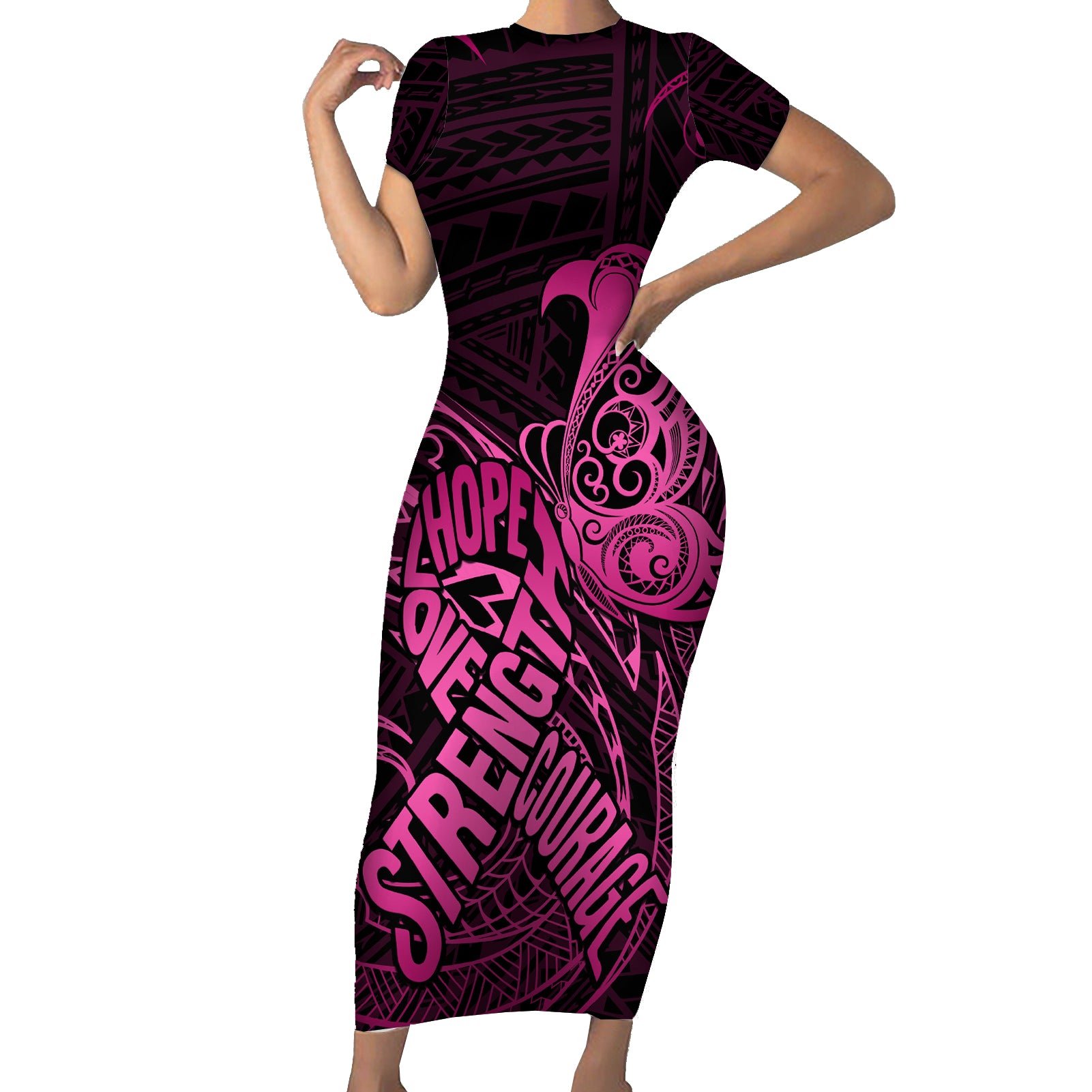 Polynesia Breast Cancer Awareness Short Sleeve Bodycon Dress No One Fights Alone Pink Ribbon With Butterfly LT14 Long Dress Pink - Polynesian Pride