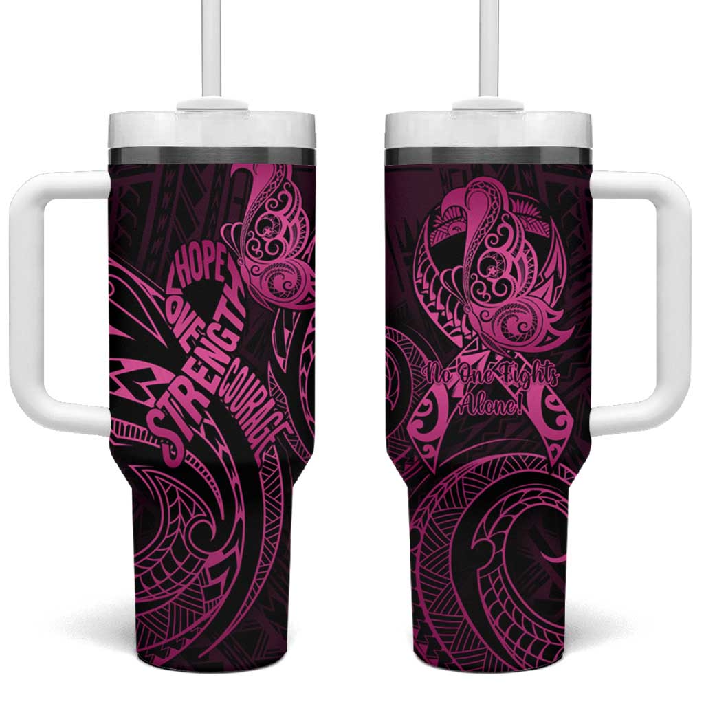 Polynesia Breast Cancer Awareness Tumbler With Handle No One Fights Alone Pink Ribbon With Butterfly