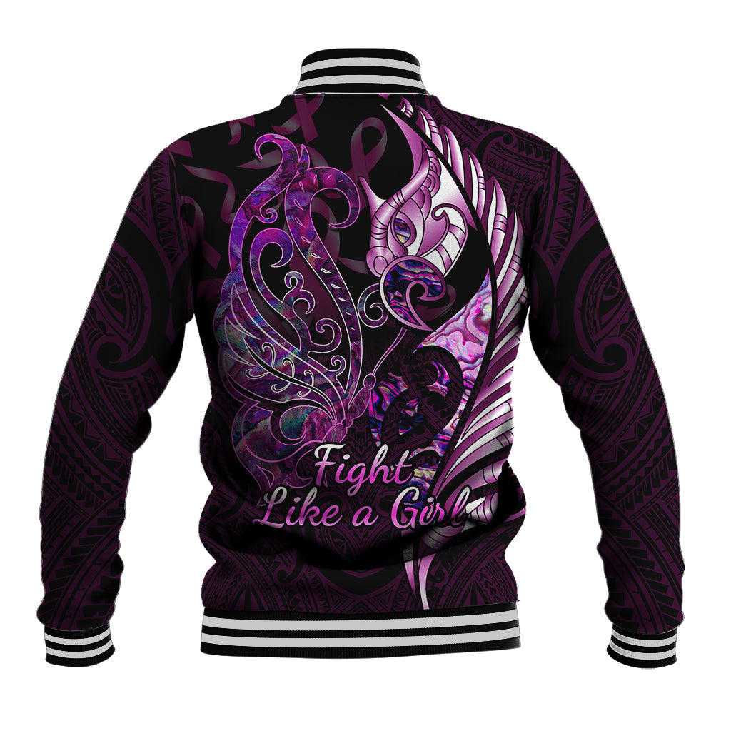 Personalised New Zealand Breast Cancer Baseball Jacket Fight Like A Girl Pink Manaia Fern With Paua Shell LT14 - Polynesian Pride