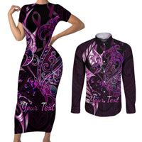 Personalised New Zealand Breast Cancer Couples Matching Short Sleeve Bodycon Dress and Long Sleeve Button Shirts Fight Like A Girl Pink Manaia Fern With Paua Shell LT14 Pink - Polynesian Pride