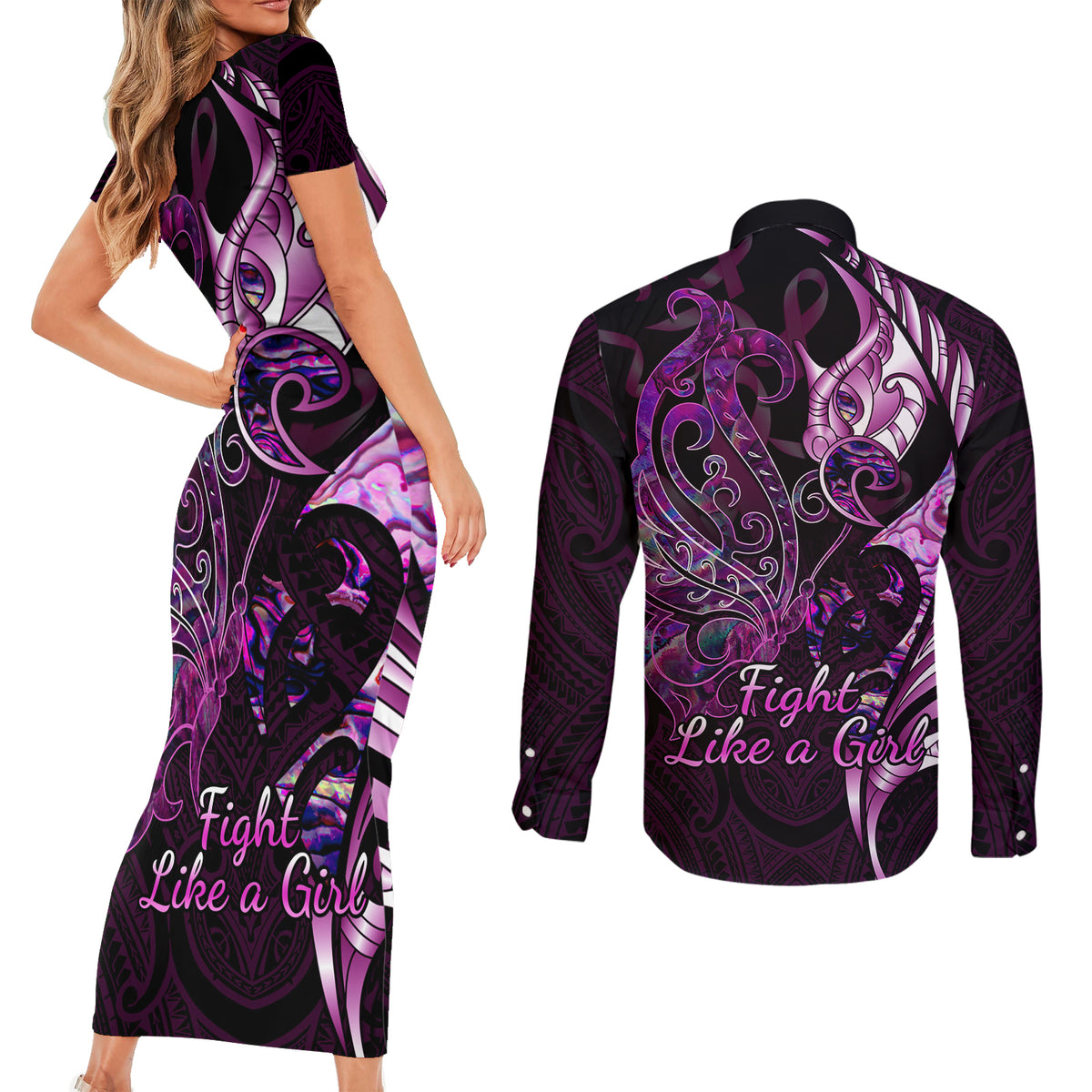 Personalised New Zealand Breast Cancer Couples Matching Short Sleeve Bodycon Dress and Long Sleeve Button Shirts Fight Like A Girl Pink Manaia Fern With Paua Shell LT14 - Polynesian Pride