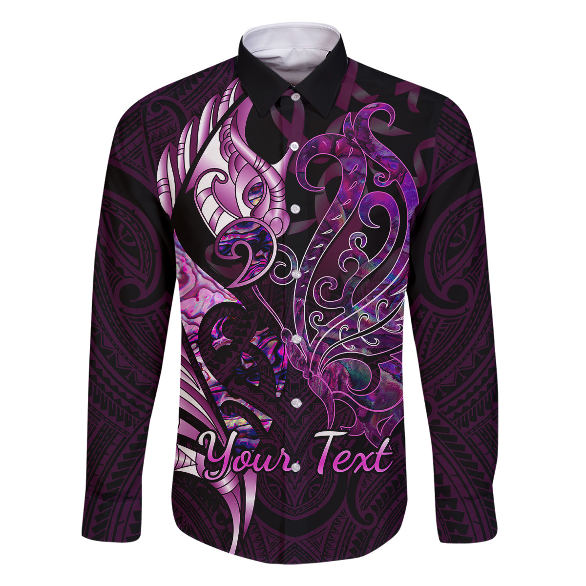 Personalised New Zealand Breast Cancer Family Matching Mermaid Dress and Hawaiian Shirt Fight Like A Girl Pink Manaia Fern With Paua Shell LT14 Dad's Shirt - Long Sleeve Pink - Polynesian Pride