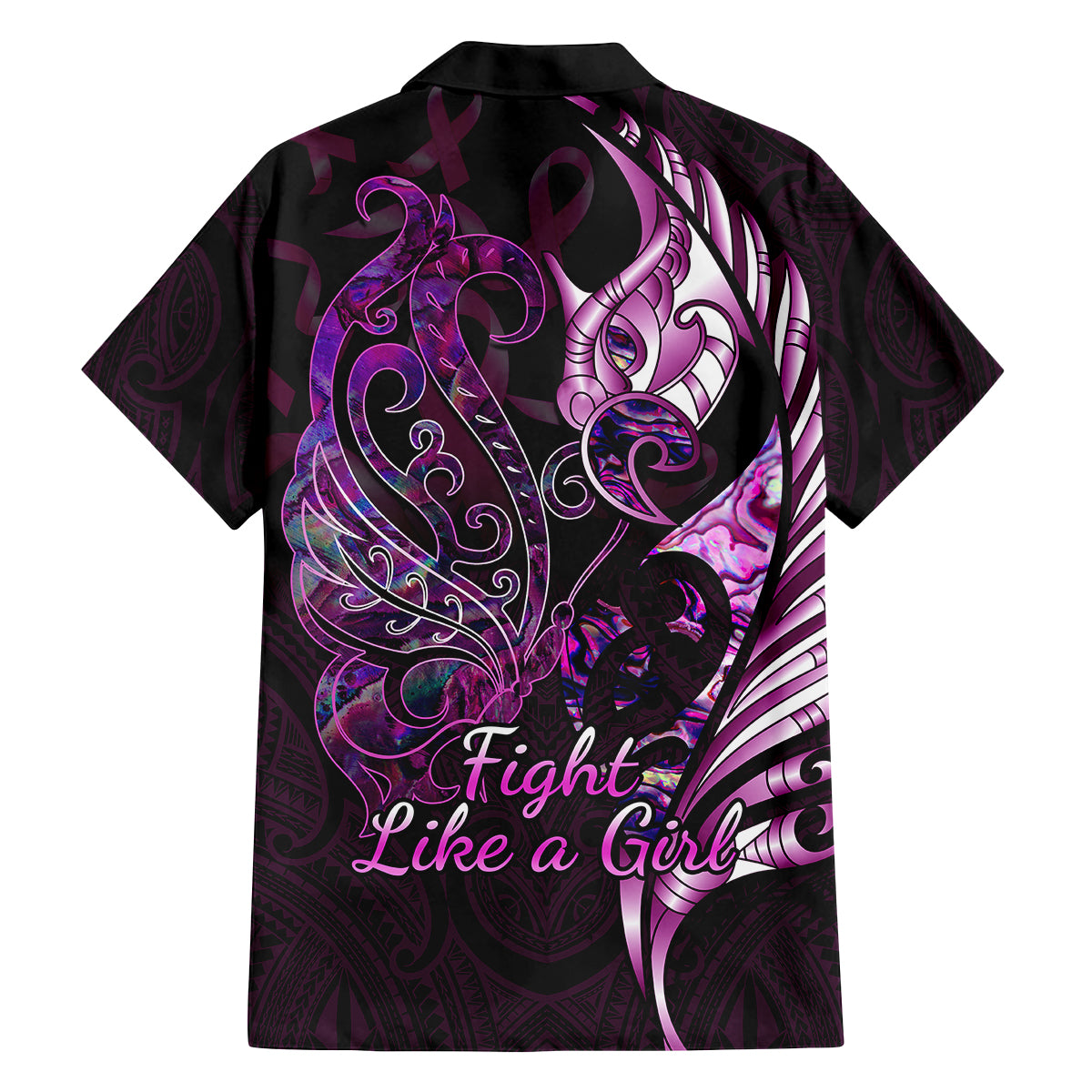 Personalised New Zealand Breast Cancer Family Matching Off Shoulder Long Sleeve Dress and Hawaiian Shirt Fight Like A Girl Pink Manaia Fern With Paua Shell LT14 - Polynesian Pride