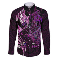 Personalised New Zealand Breast Cancer Family Matching Off Shoulder Short Dress and Hawaiian Shirt Fight Like A Girl Pink Manaia Fern With Paua Shell LT14 Dad's Shirt - Long Sleeve Pink - Polynesian Pride