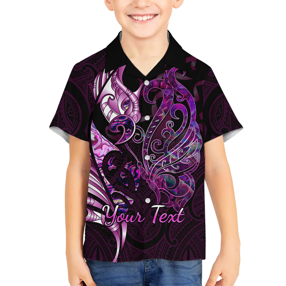Personalised New Zealand Breast Cancer Family Matching Summer Maxi Dress and Hawaiian Shirt Fight Like A Girl Pink Manaia Fern With Paua Shell LT14 Son's Shirt Pink - Polynesian Pride