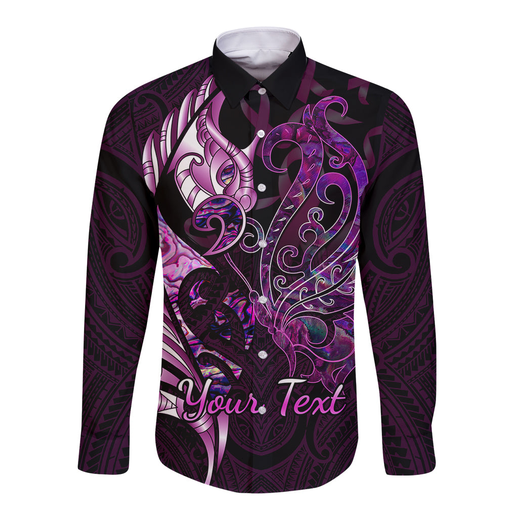 Personalised New Zealand Breast Cancer Long Sleeve Button Shirt Fight Like A Girl Pink Manaia Fern With Paua Shell LT14 Unisex Pink - Polynesian Pride