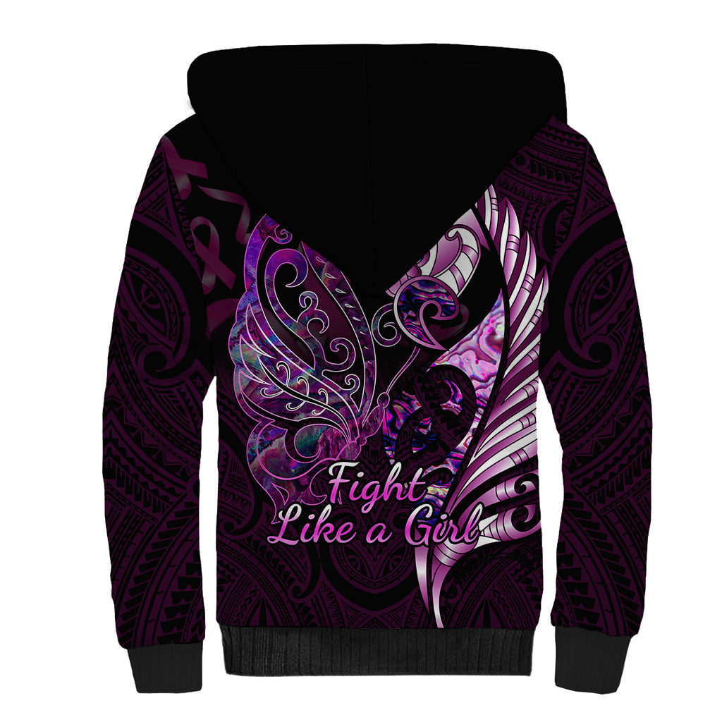 Personalised New Zealand Breast Cancer Sherpa Hoodie Fight Like A Girl Pink Manaia Fern With Paua Shell LT14 - Polynesian Pride