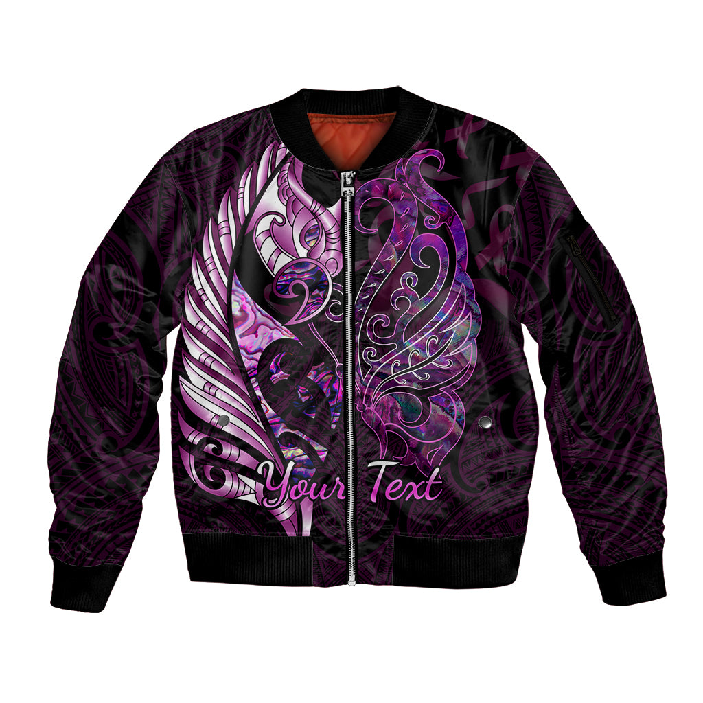Personalised New Zealand Breast Cancer Sleeve Zip Bomber Jacket Fight Like A Girl Pink Manaia Fern With Paua Shell LT14 Unisex Pink - Polynesian Pride