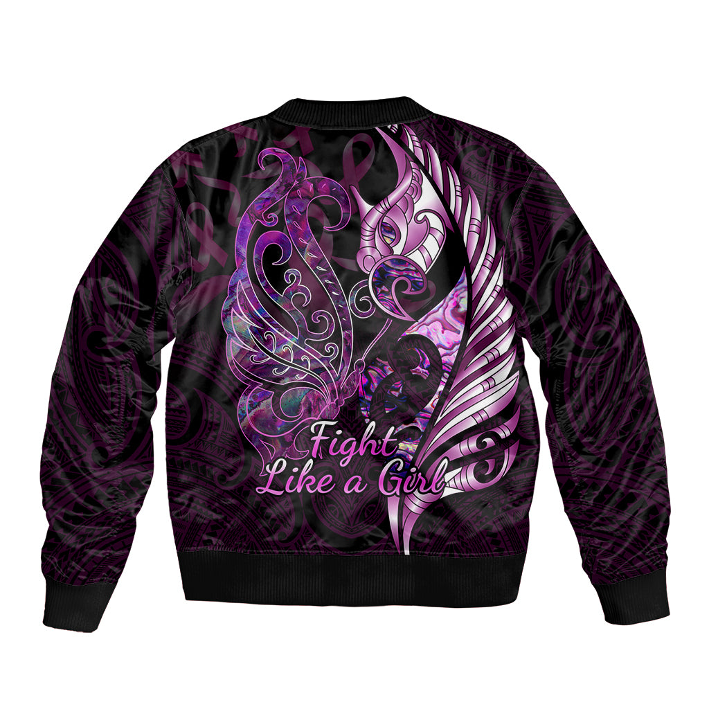 Personalised New Zealand Breast Cancer Sleeve Zip Bomber Jacket Fight Like A Girl Pink Manaia Fern With Paua Shell LT14 - Polynesian Pride