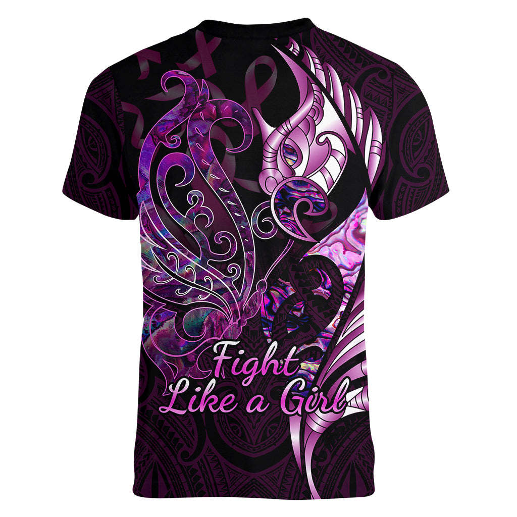 Personalised New Zealand Breast Cancer Women V Neck T Shirt Fight Like A Girl Pink Manaia Fern With Paua Shell LT14 - Polynesian Pride