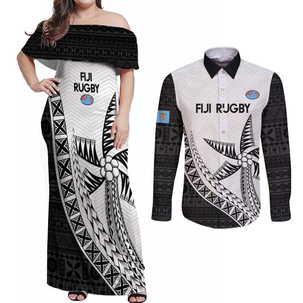 Custom Fiji Rugby Couples Matching Off Shoulder Maxi Dress and Long Sleeve Button Shirt Go Champions Fijian Tapa Cloth