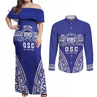 Personalised Queen Salote College Couples Matching Off Shoulder Maxi Dress and Long Sleeve Button Shirt Kolisi Fefine 100th Anniversary Kupesi Blue - Polynesian Pride