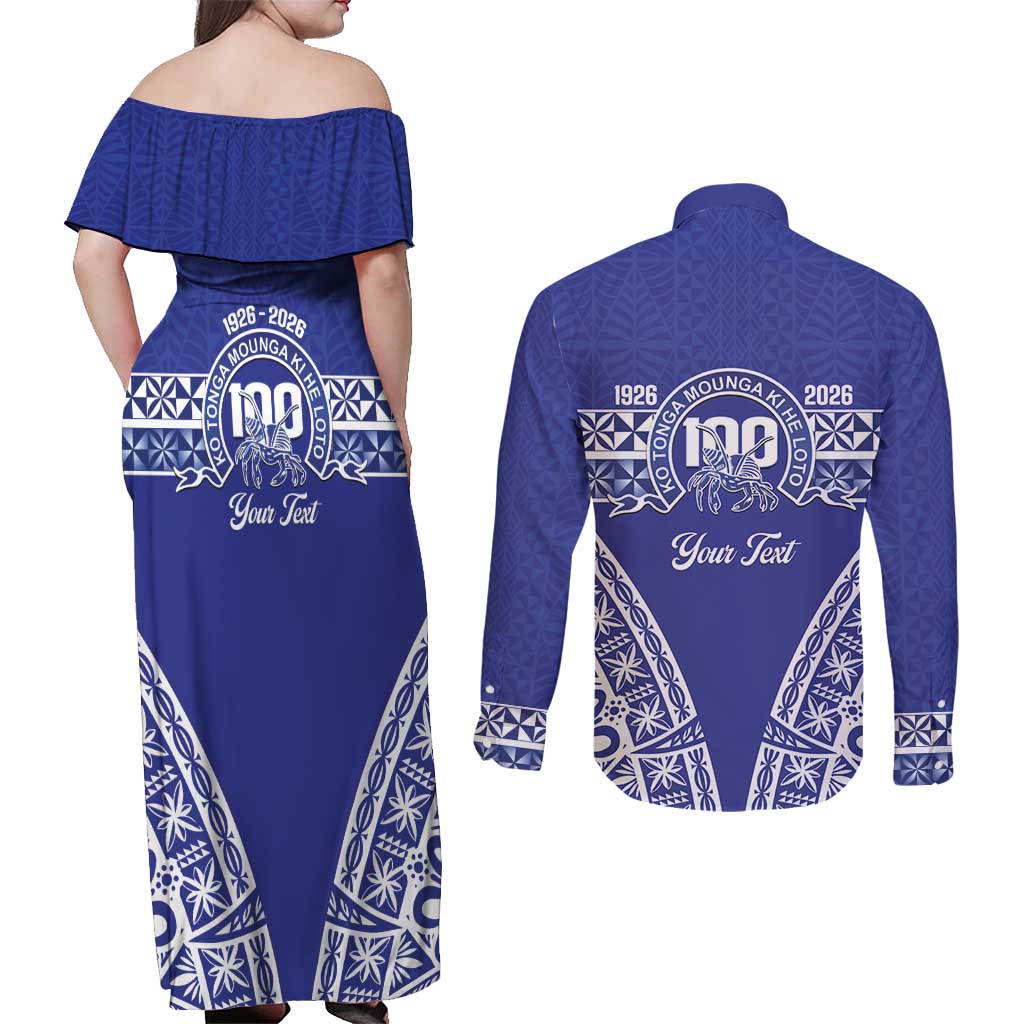 Personalised Queen Salote College Couples Matching Off Shoulder Maxi Dress and Long Sleeve Button Shirt Kolisi Fefine 100th Anniversary Kupesi Blue - Polynesian Pride