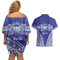 Personalised Queen Salote College Couples Matching Off Shoulder Short Dress and Hawaiian Shirt Kolisi Fefine 100th Anniversary Kupesi Blue - Polynesian Pride