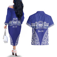 Personalised Queen Salote College Couples Matching Off The Shoulder Long Sleeve Dress and Hawaiian Shirt Kolisi Fefine 100th Anniversary Kupesi Blue - Polynesian Pride