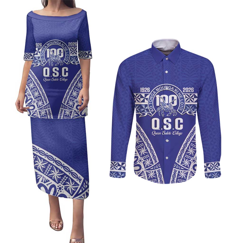 Personalised Queen Salote College Couples Matching Puletasi and Long Sleeve Button Shirt Kolisi Fefine 100th Anniversary Kupesi Blue - Polynesian Pride