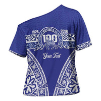 Personalised Queen Salote College Cross Shoulder Shirt Kolisi Fefine 100th Anniversary Kupesi Blue - Polynesian Pride