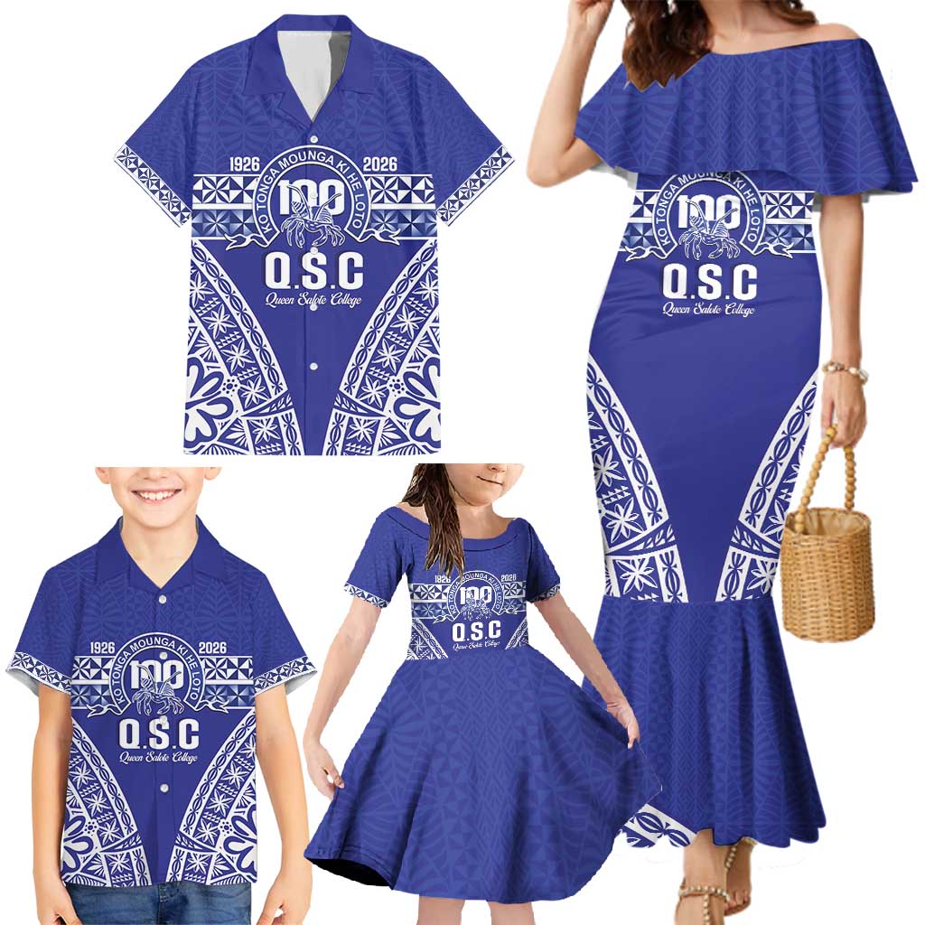 Personalised Queen Salote College Family Matching Mermaid Dress and Hawaiian Shirt Kolisi Fefine 100th Anniversary Kupesi Blue - Polynesian Pride