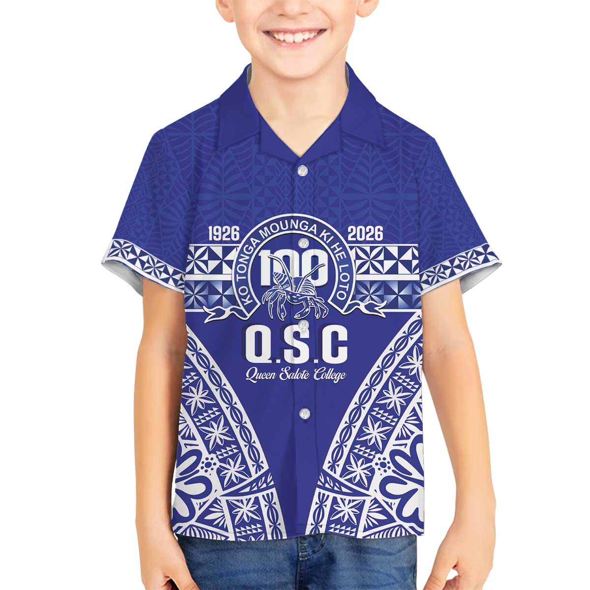 Personalised Queen Salote College Family Matching Off The Shoulder Long Sleeve Dress and Hawaiian Shirt Kolisi Fefine 100th Anniversary Kupesi Blue - Polynesian Pride