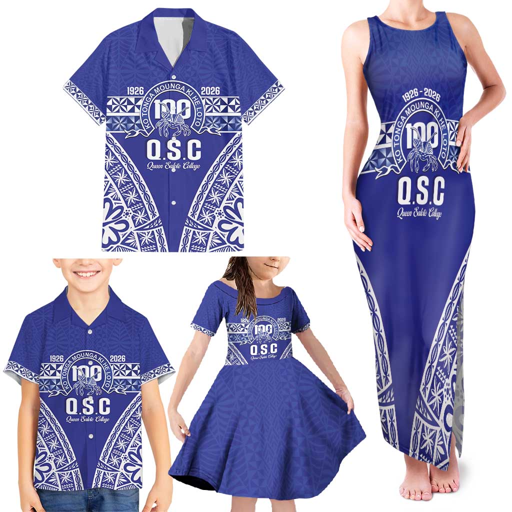 Personalised Queen Salote College Family Matching Tank Maxi Dress and Hawaiian Shirt Kolisi Fefine 100th Anniversary Kupesi Blue - undefined