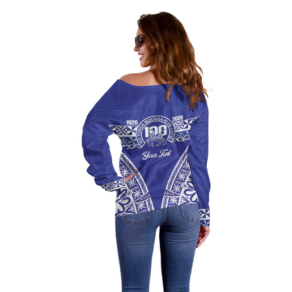 Personalised Queen Salote College Off Shoulder Sweater Kolisi Fefine 100th Anniversary Kupesi Blue - Polynesian Pride