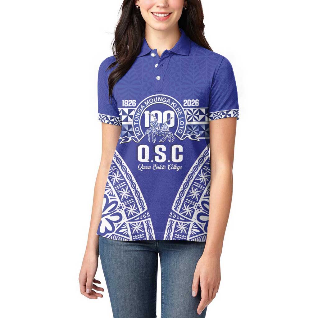 Personalised Queen Salote College Women Polo Shirt Kolisi Fefine 100th Anniversary Kupesi Blue - Polynesian Pride