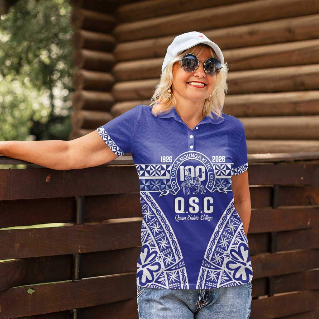 Personalised Queen Salote College Women Polo Shirt Kolisi Fefine 100th Anniversary Kupesi Blue - Polynesian Pride