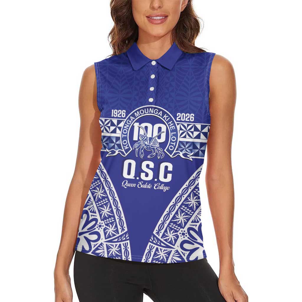 Personalised Queen Salote College Women Sleeveless Polo Shirt Kolisi Fefine 100th Anniversary Kupesi Blue - Polynesian Pride