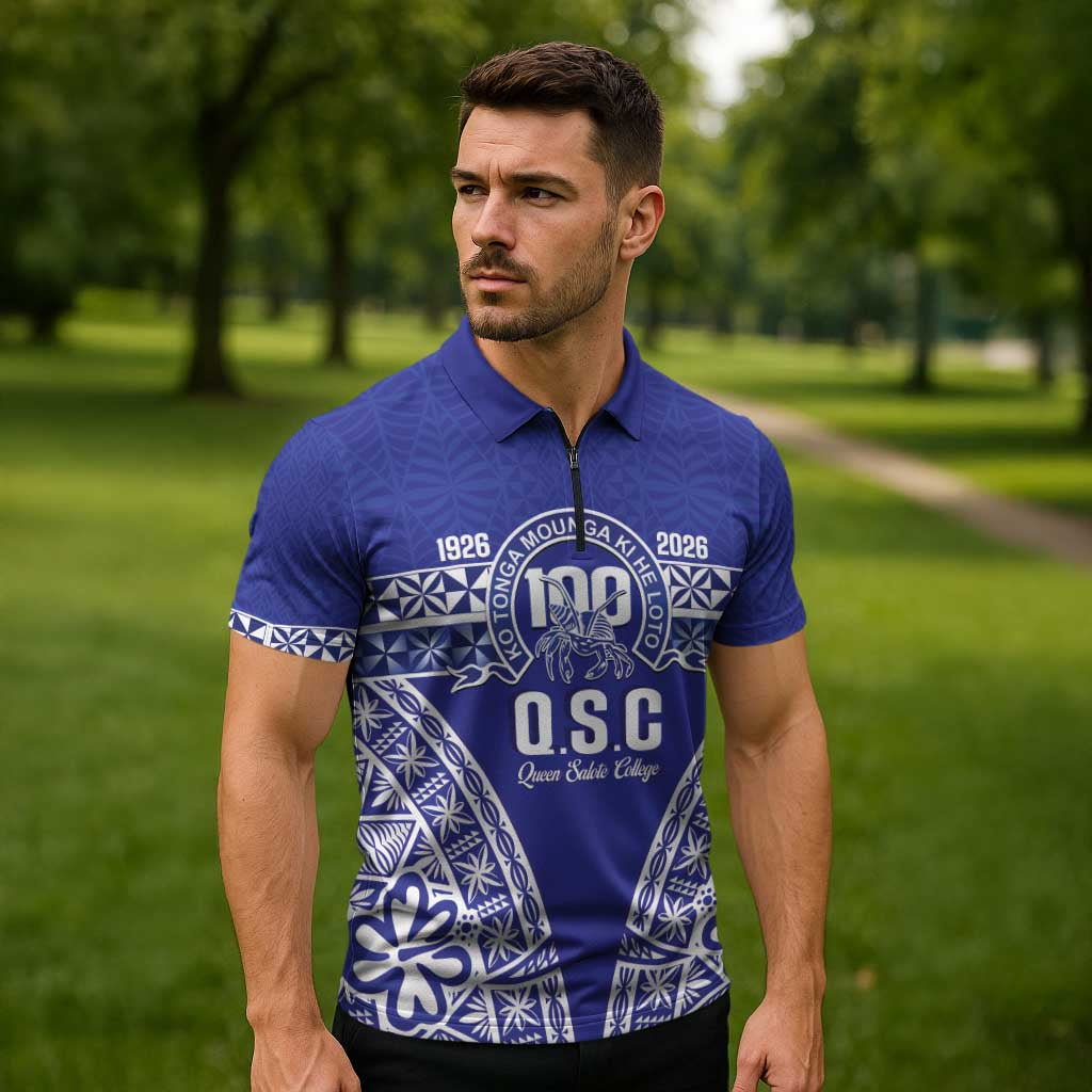 Personalised Queen Salote College Zipper Polo Shirt Kolisi Fefine 100th Anniversary Kupesi Blue - Polynesian Pride