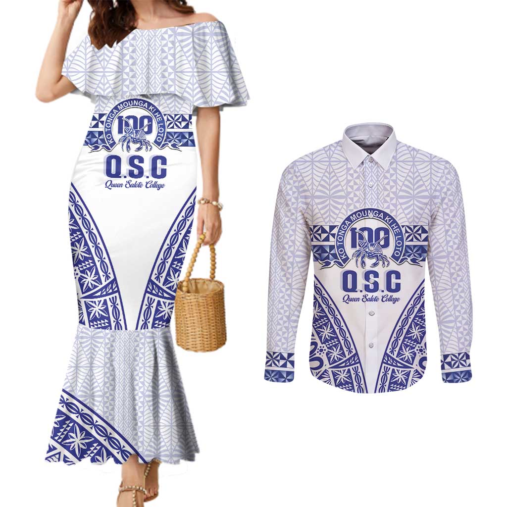 Personalised Queen Salote College Couples Matching Mermaid Dress and Long Sleeve Button Shirt Kolisi Fefine 100th Anniversary Kupesi White - Polynesian Pride