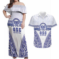 Personalised Queen Salote College Couples Matching Off Shoulder Maxi Dress and Hawaiian Shirt Kolisi Fefine 100th Anniversary Kupesi White - Polynesian Pride