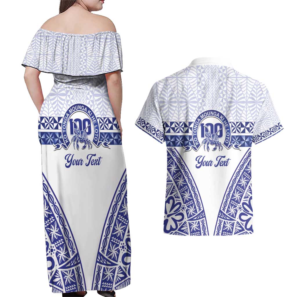 Personalised Queen Salote College Couples Matching Off Shoulder Maxi Dress and Hawaiian Shirt Kolisi Fefine 100th Anniversary Kupesi White - Polynesian Pride