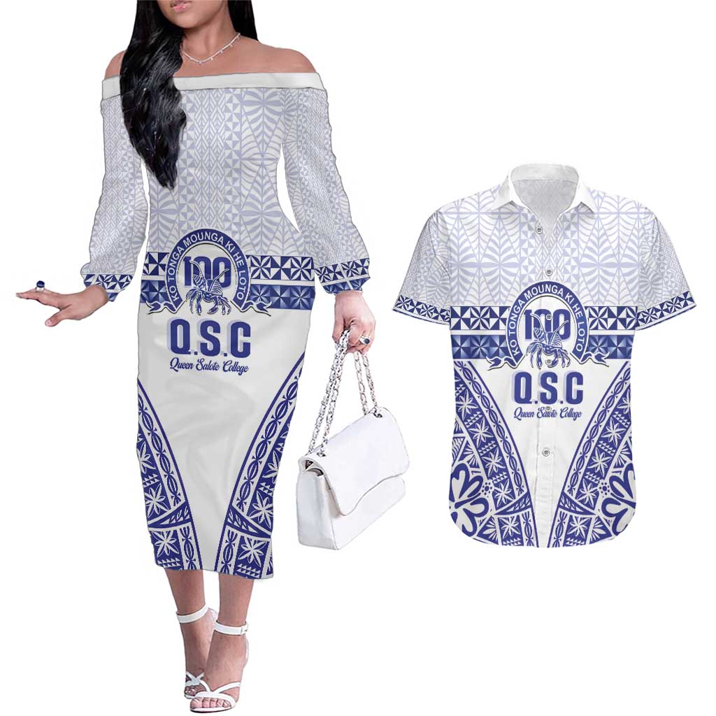 Personalised Queen Salote College Couples Matching Off The Shoulder Long Sleeve Dress and Hawaiian Shirt Kolisi Fefine 100th Anniversary Kupesi White - Polynesian Pride