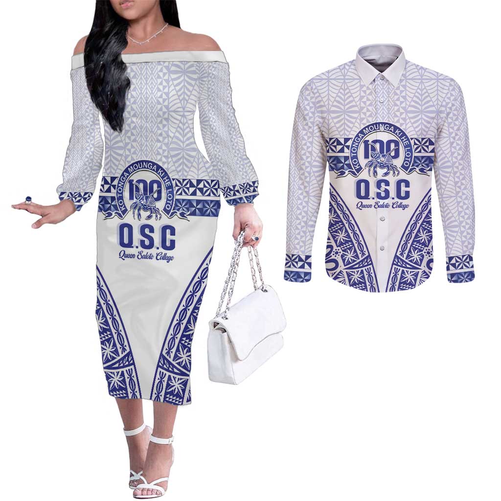 Personalised Queen Salote College Couples Matching Off The Shoulder Long Sleeve Dress and Long Sleeve Button Shirt Kolisi Fefine 100th Anniversary Kupesi White - Polynesian Pride