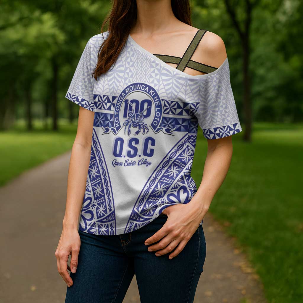 Personalised Queen Salote College Cross Shoulder Shirt Kolisi Fefine 100th Anniversary Kupesi White - Polynesian Pride