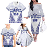 Personalised Queen Salote College Family Matching Off The Shoulder Long Sleeve Dress and Hawaiian Shirt Kolisi Fefine 100th Anniversary Kupesi White - Polynesian Pride