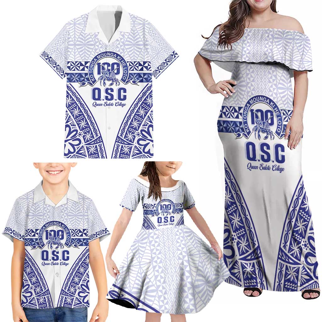 Personalised Queen Salote College Family Matching Off Shoulder Maxi Dress and Hawaiian Shirt Kolisi Fefine 100th Anniversary Kupesi White - Polynesian Pride