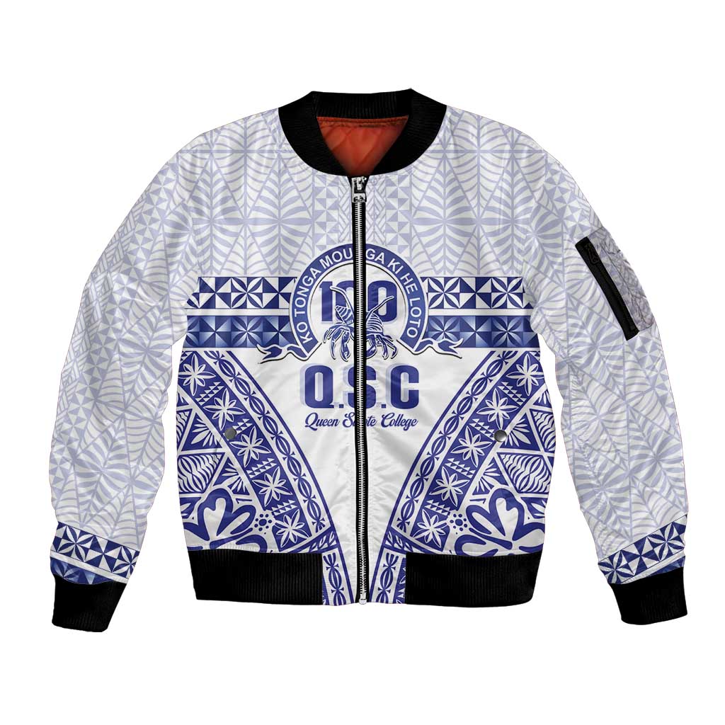 Personalised Queen Salote College Sleeve Zip Bomber Jacket Kolisi Fefine 100th Anniversary Kupesi White - Polynesian Pride