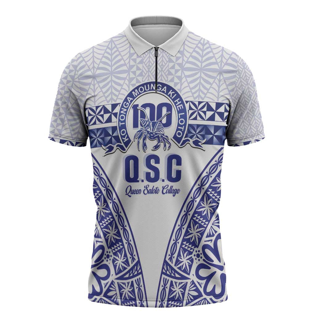 Personalised Queen Salote College Zipper Polo Shirt Kolisi Fefine 100th Anniversary Kupesi White - Polynesian Pride