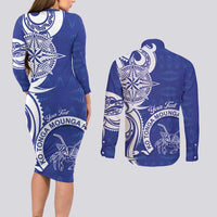 Personalised Queen Salote College Couples Matching Long Sleeve Bodycon Dress and Long Sleeve Button Shirt QSC Est 1926 Ngatu Pattern - Polynesian Pride