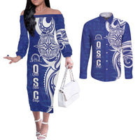 Personalised Queen Salote College Couples Matching Off The Shoulder Long Sleeve Dress and Long Sleeve Button Shirt QSC Est 1926 Ngatu Pattern - Polynesian Pride